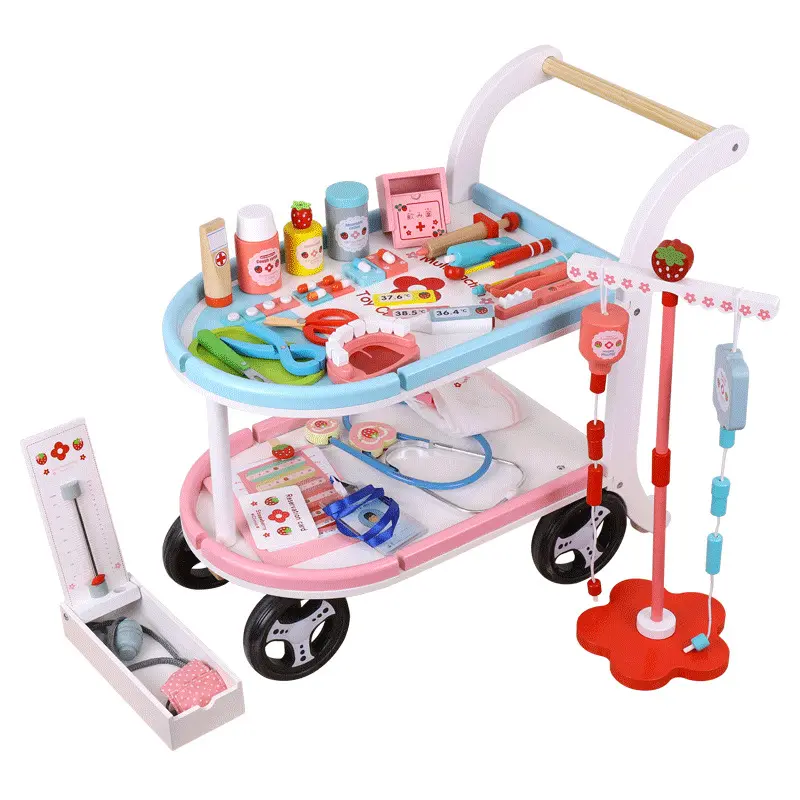 Wooden Simulation Medical Car Role Playing Doctor and Nurse Play House Cake Cart Toy