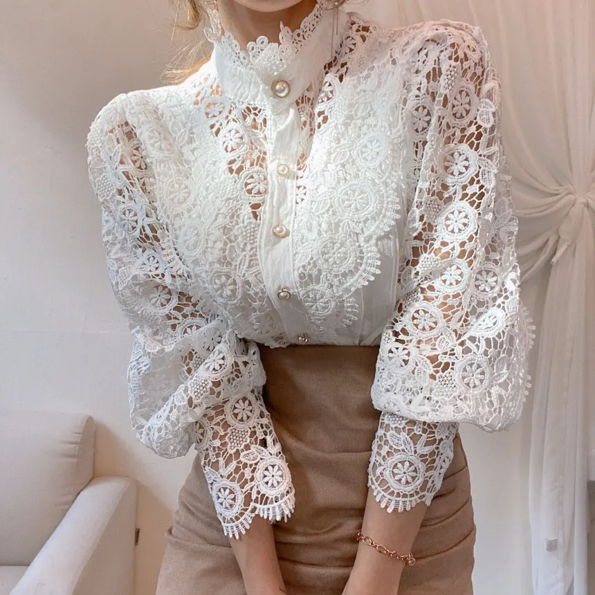 Женская винтажная ажурная блузка, Повседневная Милая Кружевная рубашка с длинным рукавом и воротником-стойкой, 2023