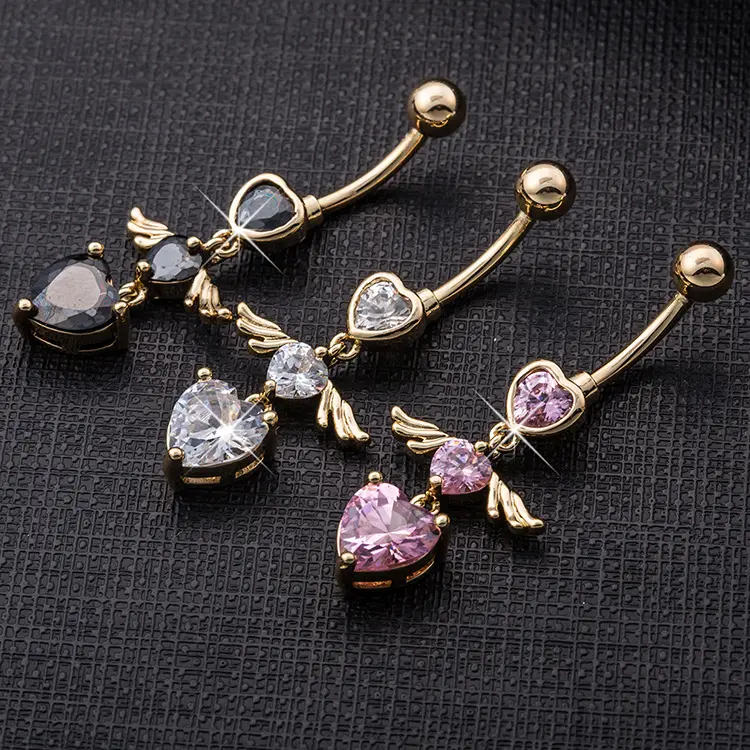 Heart-shaped little angel wings belly button ring medical stainless steel belly button nail body piercing jewelry brass