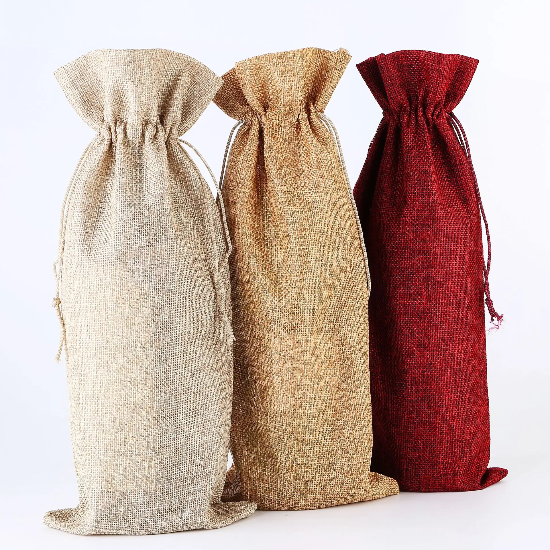 35x15cm drawstring jute wine bag for 750ml red wine bottle