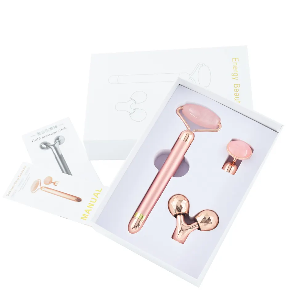 Factory Wholesale 3 in 1 Facial Massager 24k Golden Rose Quartz Electric Vibrator Jade Roller Energy Beauty Bar