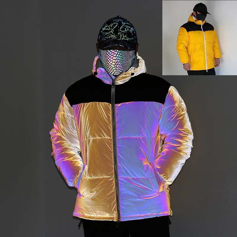 Изготовленный на заказ мужские со светоотражающими элементами, который хорошо видно с радужные цвета радуги теплая Повседневная куртка с капюшоном для мальчиков куртка-бомбер пузырь пуха зимнее пуховое пальто