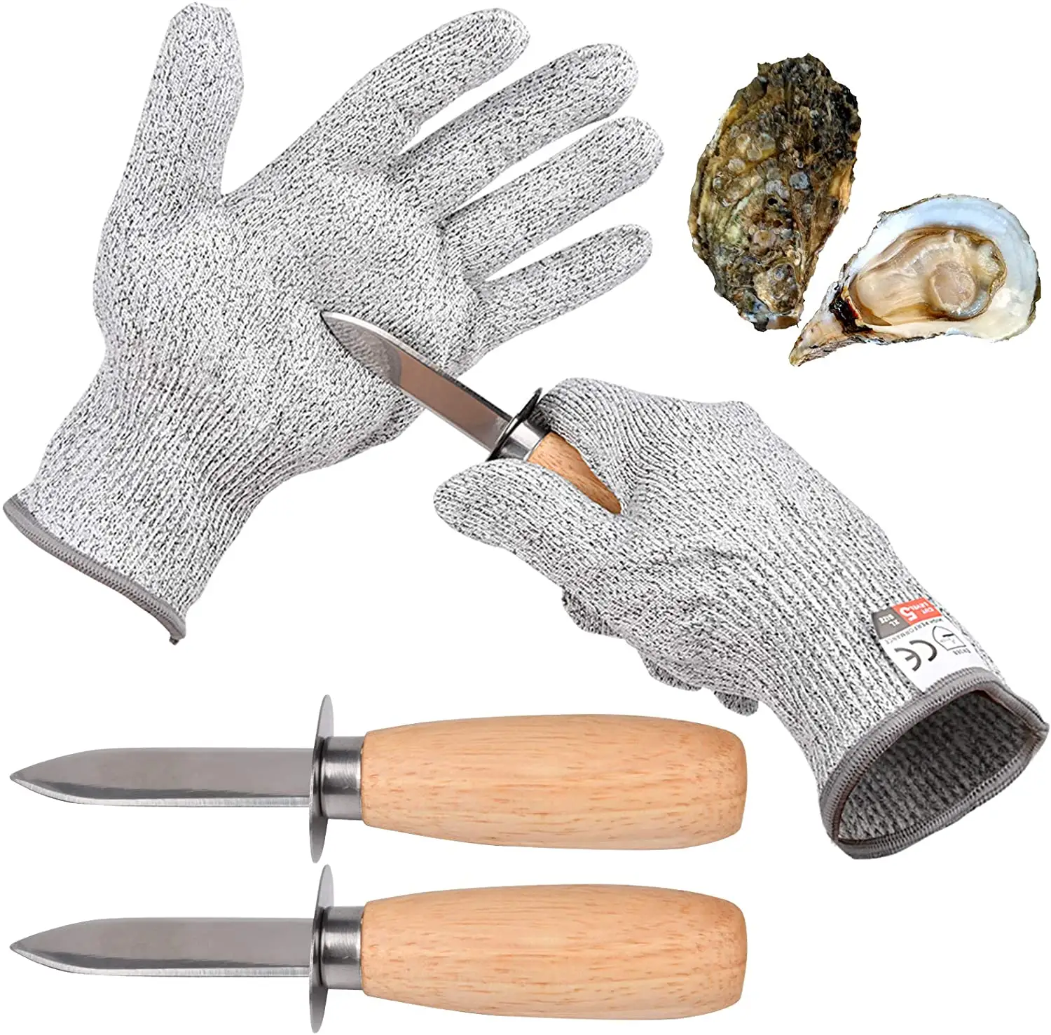 4 Pieces Set-Oyster Shucking Knife with Wood Handle Level 5 Protection Food Grade Cut Resistant Seafood Opener Tool