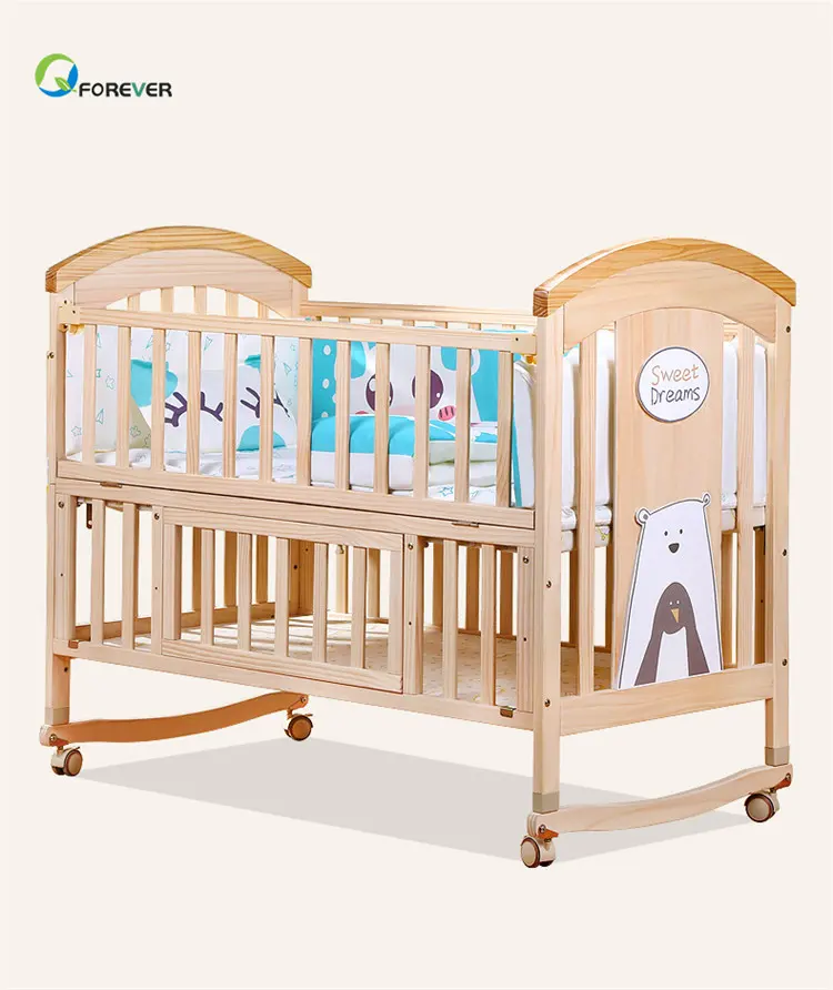 Solid wood crib Best selling solid pine wooden baby bed design/baby swing cot/baby crib attached adult bed