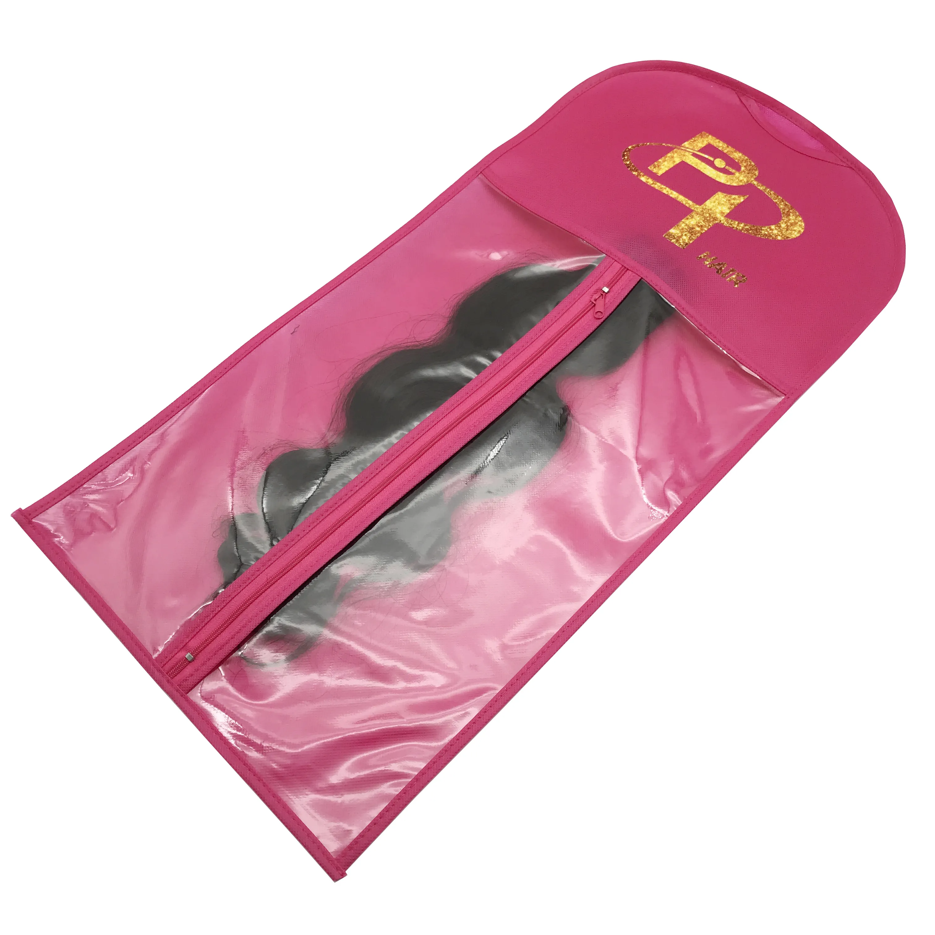 Custom logo hair extension wig bag with hanger wholesale recyclable zipper human hair wig packaging storage bag