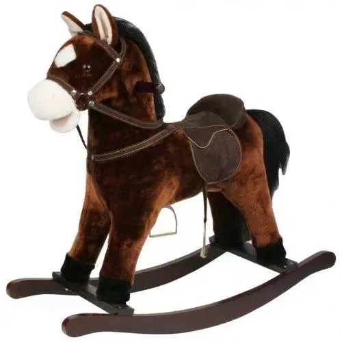 Детская деревянная плюшевая лошадка-качалка с подвижными звуками и хвостом