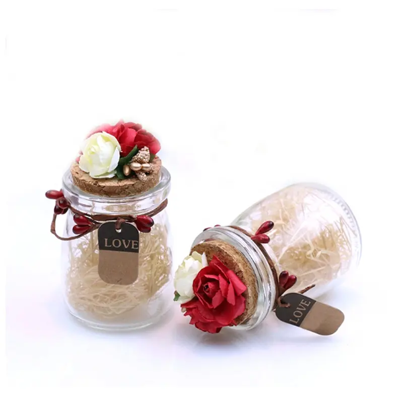 Patio Party Garden Wedding Christmas Table Decor 100ml 150ml empty glass candy jar chocolate container with silk flower rose tag