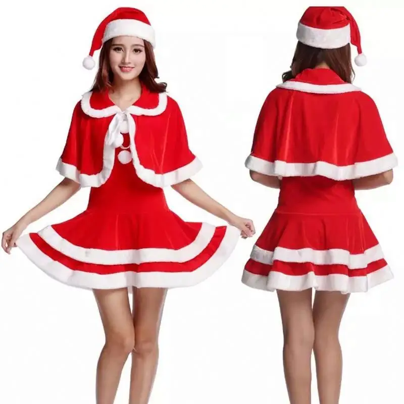 Christmas party suit adult hooded velvet santa claus girl dress costume for women