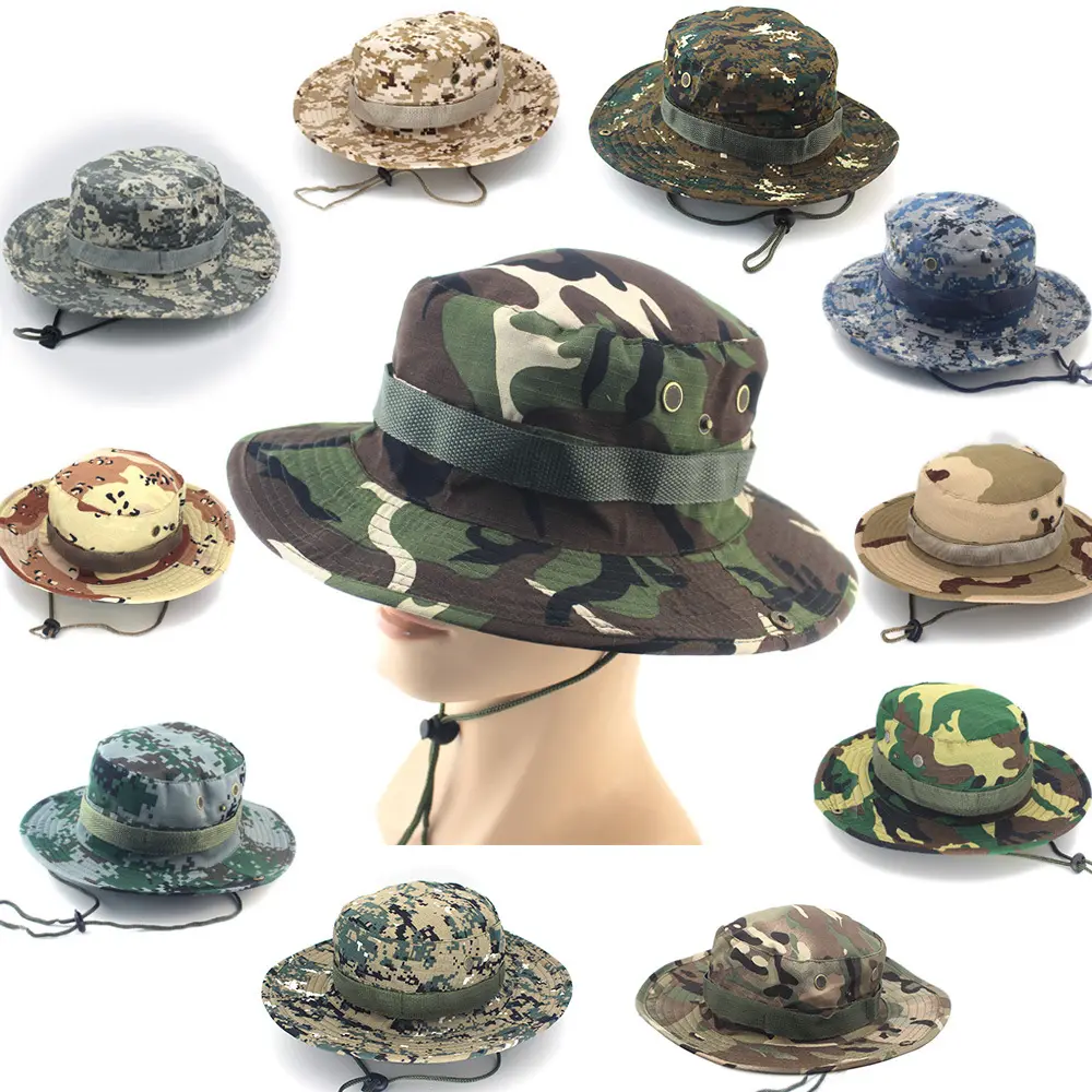 Hot outdoor mountaineering fishing camouflage solid color soldier fisherman hat recreational bush round hat travel bucket hat