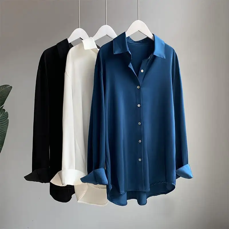 XS-3XL атласная рубашка с подвесками Женская демисезонная темпераментная свободная ретро-мода Гонконг новая 2023 блузка с длинными рукавами