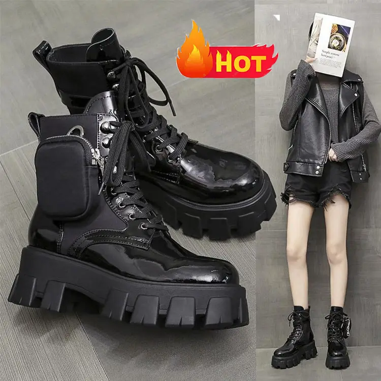 Fashion Design Pocket Decorate Individuality Platform High-heeled Motocr Thick-soled Shoes Lace On Women Winter Doc Martin Boots