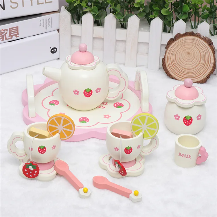 Kids Pretend Play Preschool Kitchen Toys Girls Afternoon Tea Set Wooden Pink Strawberry Tea Set Play House Educational Toy Tools