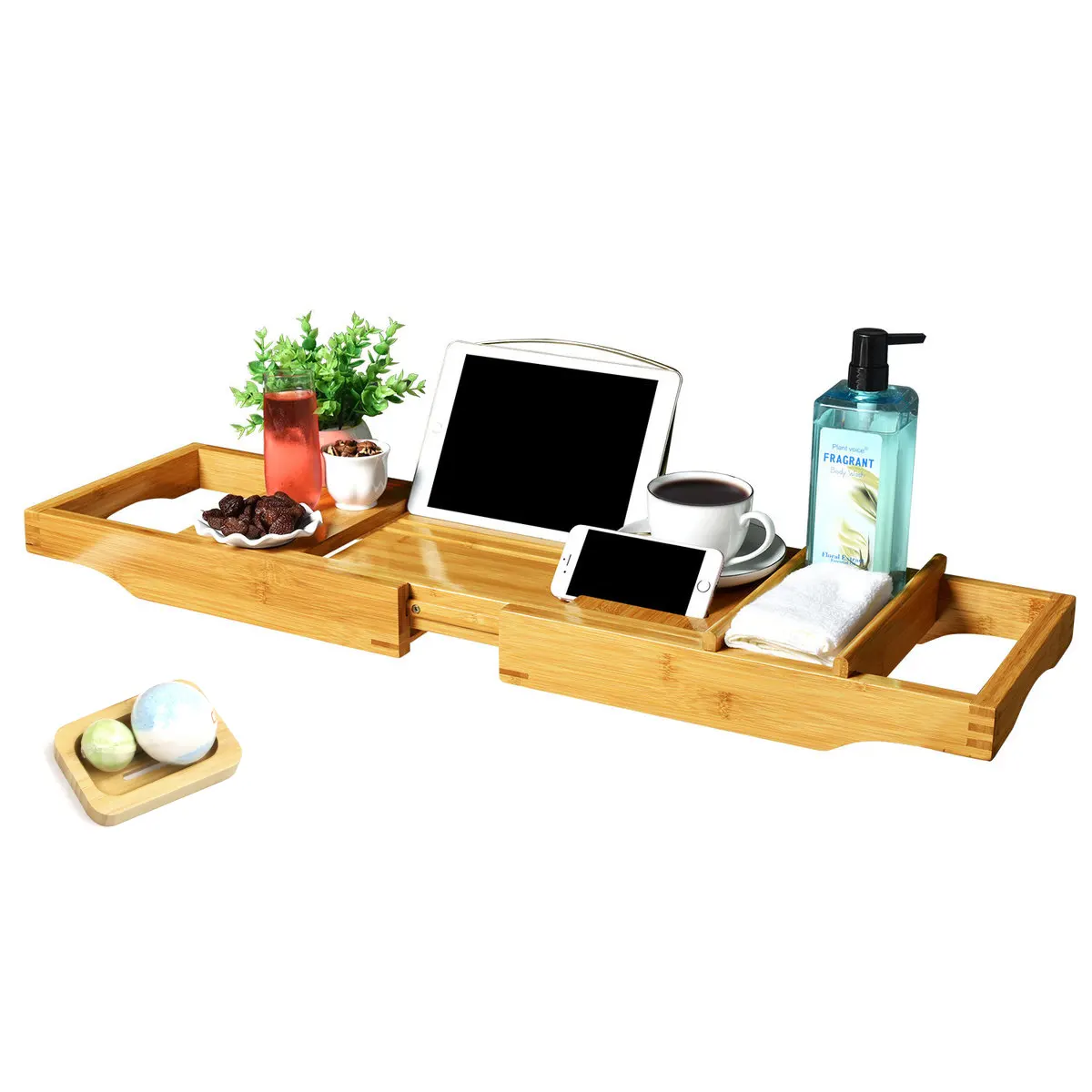 Wholesales Bamboo Bath Wooden Tray with Soap Box Bathroom Bamboo Wood Bath Tray Bathtub Caddy