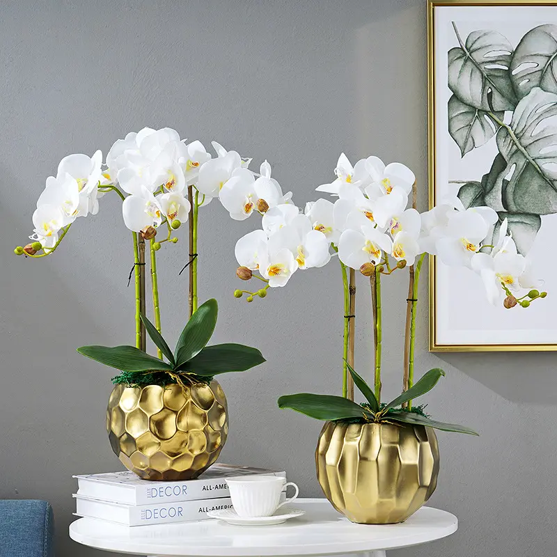 Высококачественный искусственный реалистичный цветок орхидеи с золотым горшком для дома, отеля, сада, выставочного зала, магазина, украшение