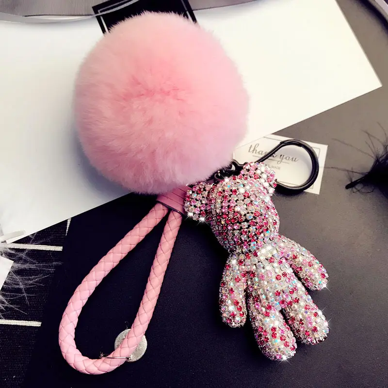 keychain crystal handbag purse charm Leather Braided Bear Pendant Keyring Fluffy Pompom Ball Keychains for women