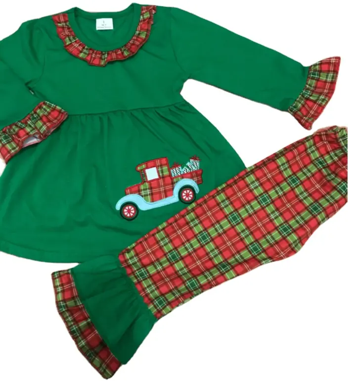 Заводская цена, оптовая продажа, зимняя детская одежда, грузовик, Рождественская елка, зеленый топ, штаны, Рождественская Одежда для девочек
