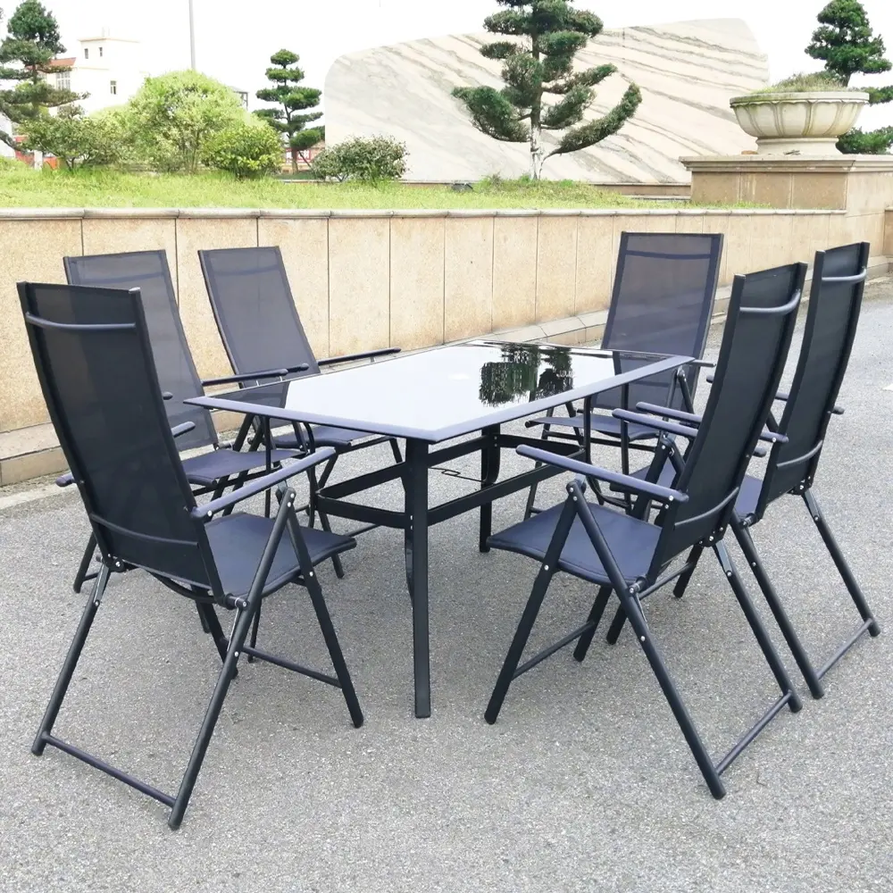 Outdoor Furniture Garden Tempered Glass Table Aluminum Steel Folding Chairs And Table Sets