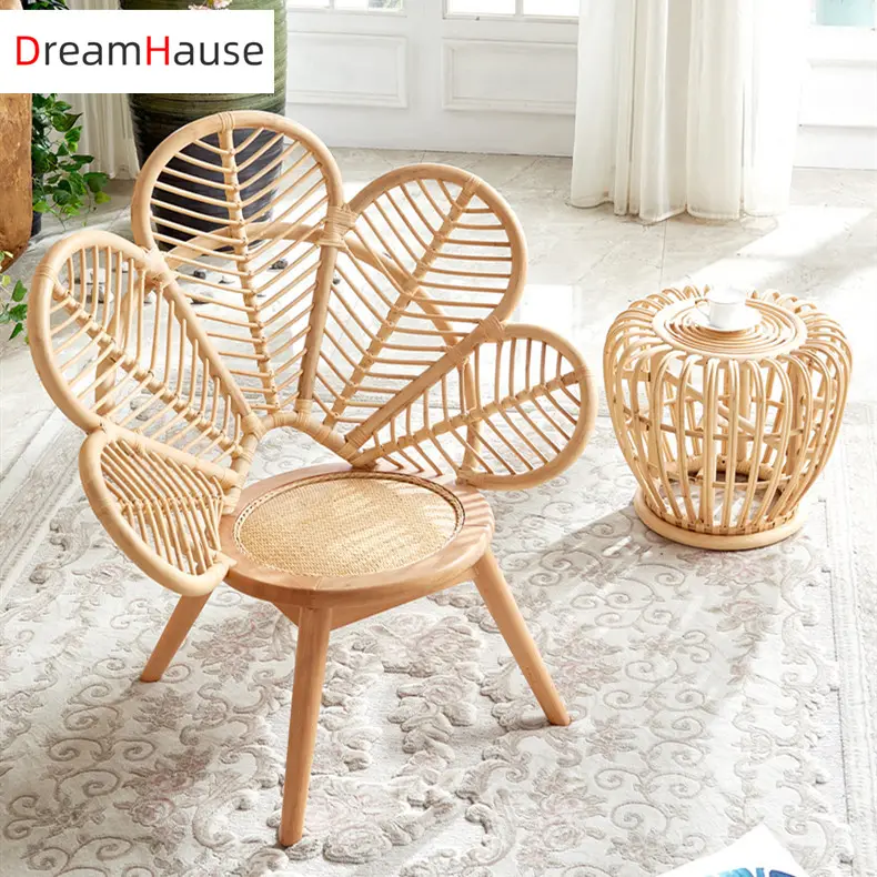 Dreamhause Wood Rattan Woven Jane Petal designer Living Room Flower Leisure Chair Balcony Patio Garden Flower Shaped Chair