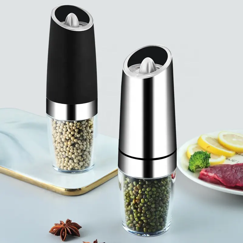 Trend Silver Black One Handed Battery Operated Electric Automatic Gravity Pepper Salt Grinder Adjustable Coarseness Mill