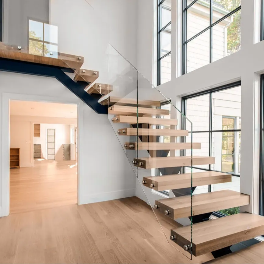 China Manufacturer Interior House Floating Stairs Wooden Treads Glass Railing Staircase Design