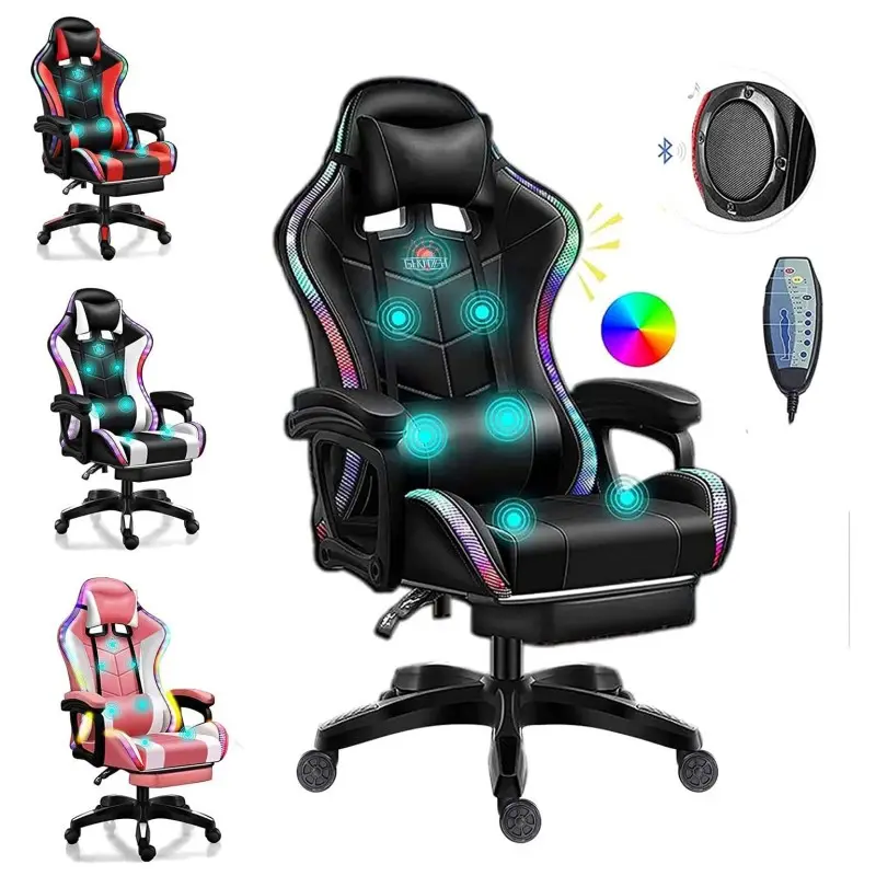 Оптовая продажа, черное офисное кресло из искусственной кожи, светодиодные профессиональные стулья для геймеров, массажное игровое кресло с bluetooth и динамиком