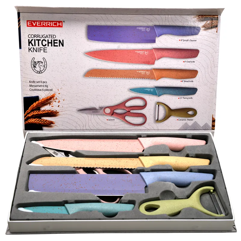 KONOLL Hot sales Northern Europe style 6pcs color knife set with ready goods in whreat straw kitchen knives