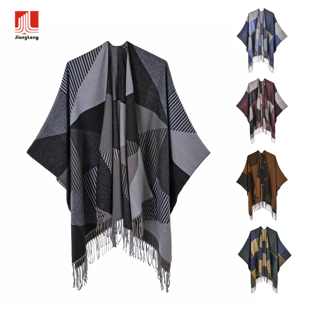 Wholesale OEM color blocking fashion women soft brushed topper winter shawls ruana