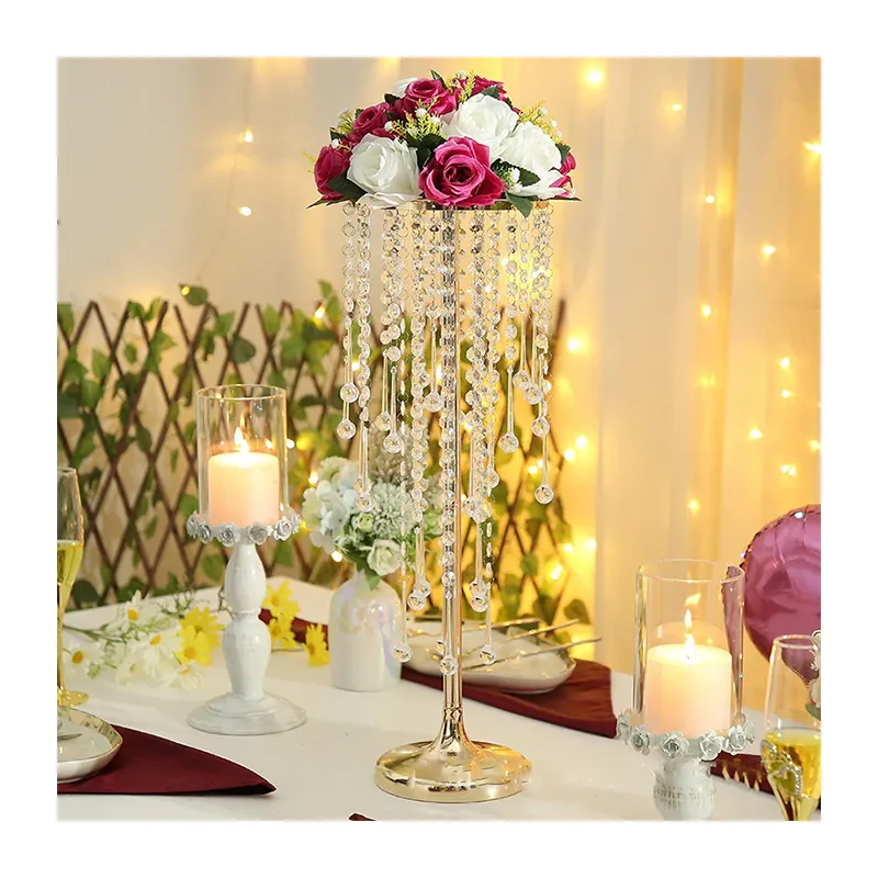 Центральный столик из золотистого металла с кристаллами, свадебное украшение, подставки с хрустальными цветами для центрального стола