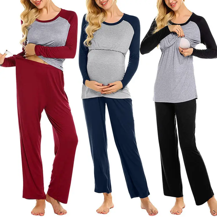 OEM maternity nursing pajamas fashion solid color Mosaic multifunctional mom long sleeve + pantsuit maternity wear