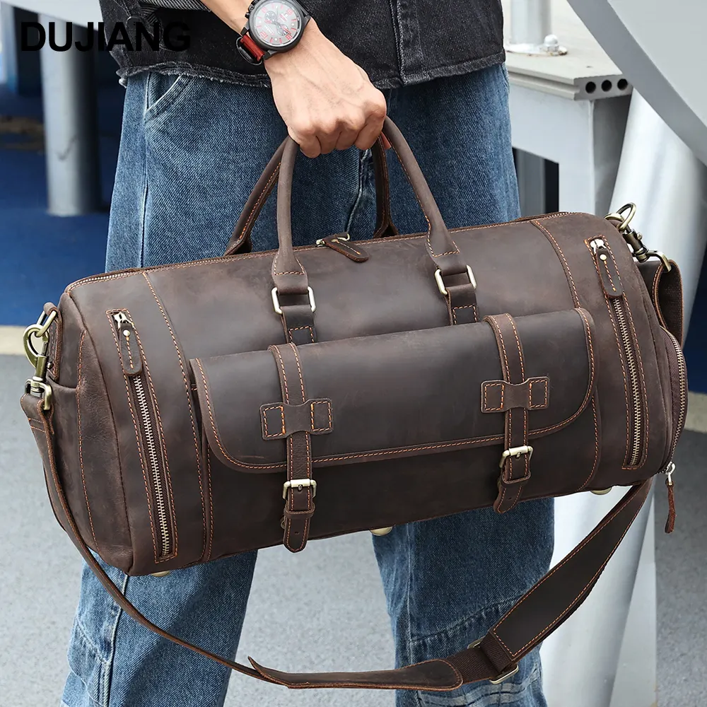 Large Capacity Genuine Leather Duffle Bag Travel Luggage Bag Crazy Horse Leather Weekend Overnight Bag With Shoes Compartment