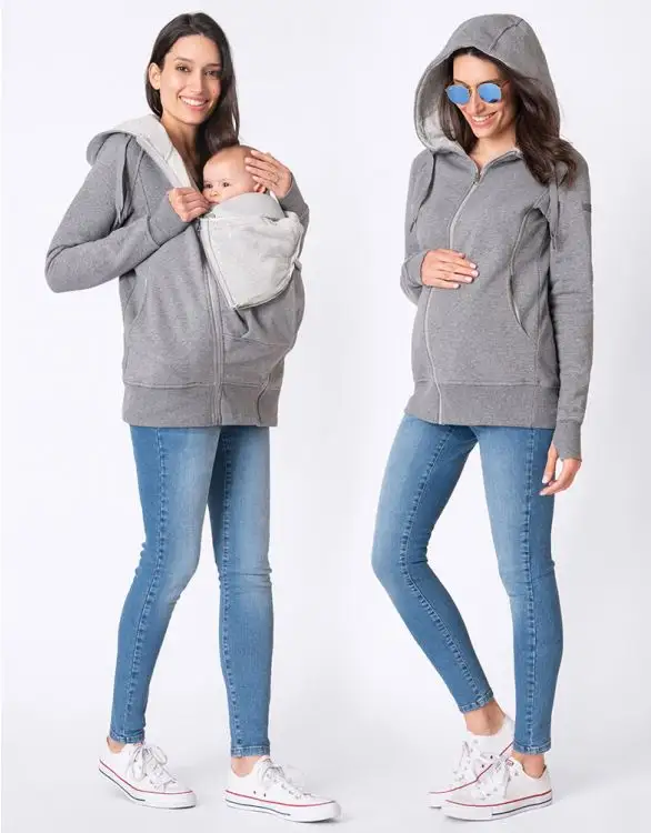 Maternity Outerwear Clothes Cotton Blend 3 In 1 Maternity Hoodie With Drawstring Hood Zip-Off Panel Fits Over Baby Carrier