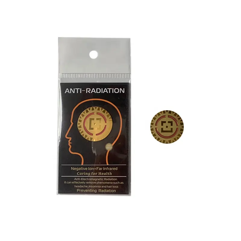 6042 24k gold anti radiation sticker, diameter is 26mm, thickness is less than 0.1mm . black fold instruction manual card oppbag