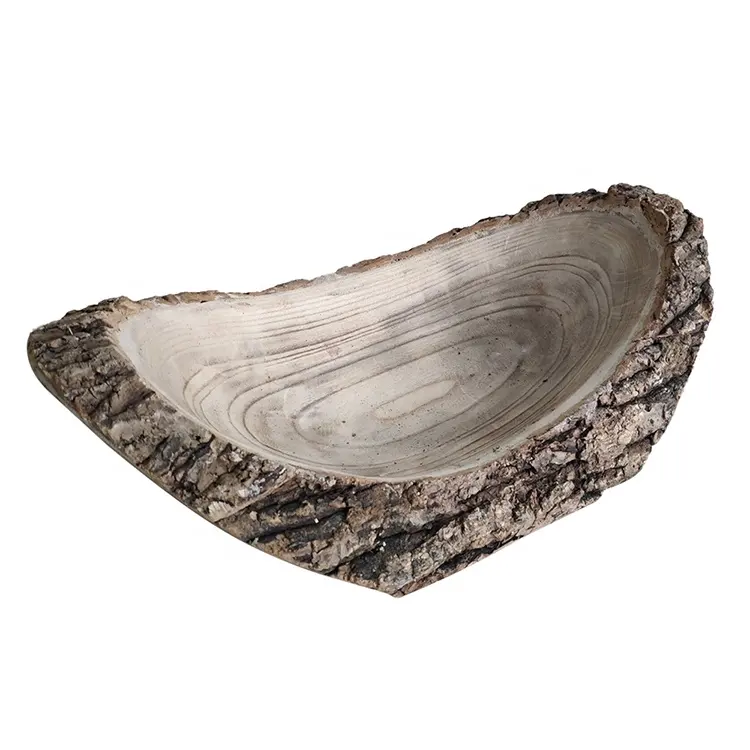 Hand carved boat shaped wooden bowl with bark, oval wooden can
