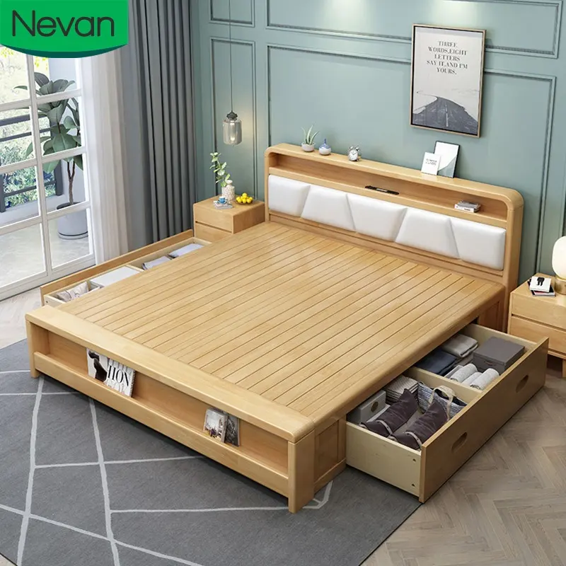 Современная домашняя мебель двойного размера, кровать из массива дерева с рамой, кровати с хранилищем