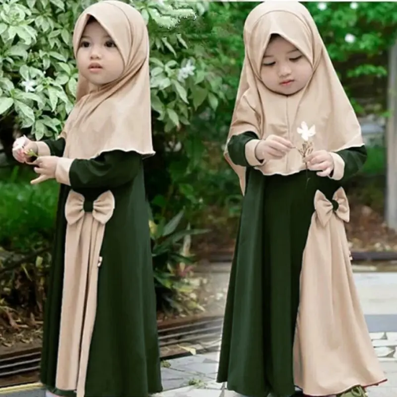 Мусульманская Исламская одежда для девочек Ramadan Abaya с хиджабом, полноразмерный халат, паранда макси, платья для маленьких девочек