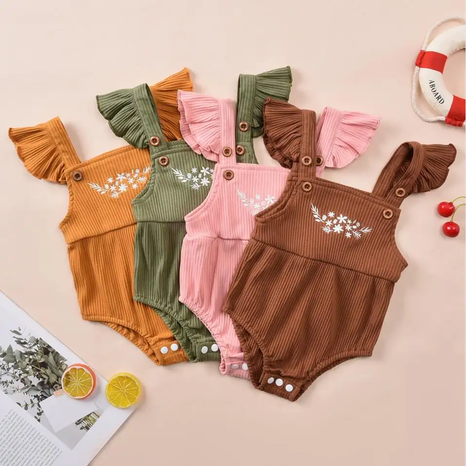 Baby Girls Summer Ribbed Rompers Toddlers Floral Printing Jumpsuit Flying Sleeve with Button bodysuit