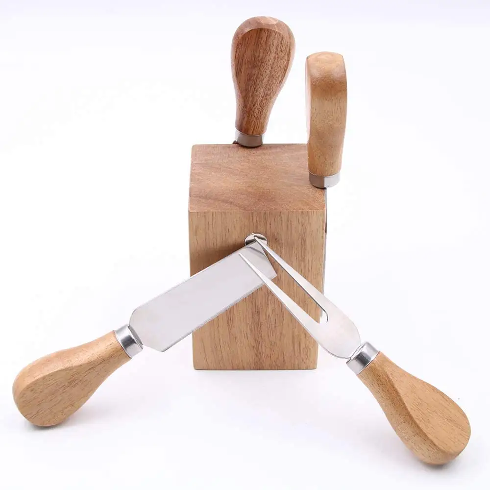 4 pcs Cheese Knife Set Includes 4 Stainless Steel Cheese Slicer Cheese Cutter with Acacia Wooden Handle Magnetic Block Stand