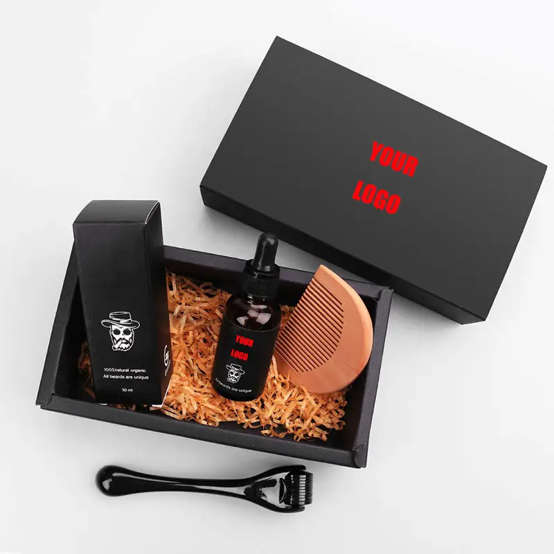 Custom scent growth beard kit with derma roller and beard growth oil for men