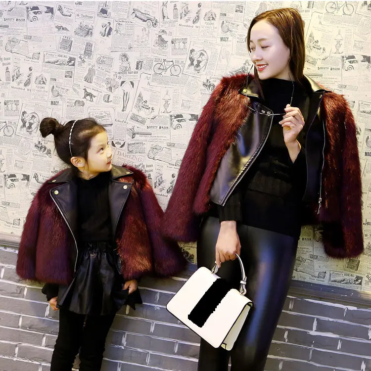 Winter Family Matching Sets Kids Outwear Luxury Mother & Daughter Crop Leather Jackets Long Sleeve Faux fur Mommy And Me Coats