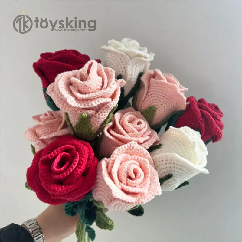 Искусственный цветок для вязания крючком, букет розы, подарок на день Святого Валентина, свадебное украшение, ручная работа, стебель розы, готовая продукция