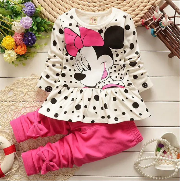 Spring Autumn Girls' Clothing Sets Long Sleeve Dot Minnie Top+Cotton Pants 2 Piece Outfit Casual Fall Kids Clothes New Arrival