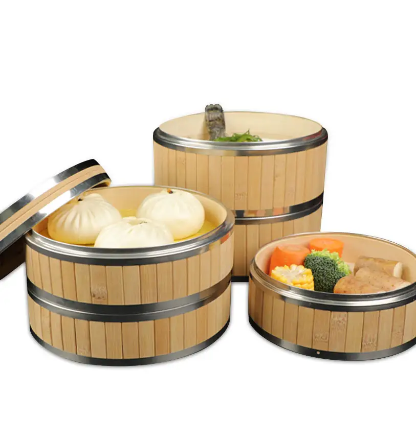 New product 2 Tier Bamboo Steamer with Stainless Steel Banding Perfect For Steaming Dim Sum Dumplings