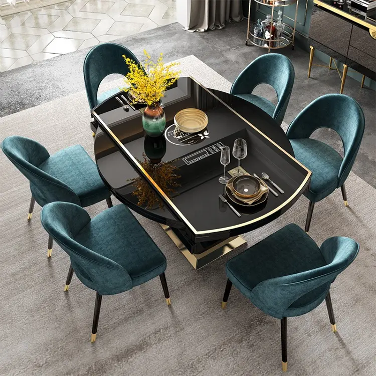 Round Dining Table Set 6 Chairs Black Metal Stainless Steel Cover Scandinavian Ring Back Dining Chairs