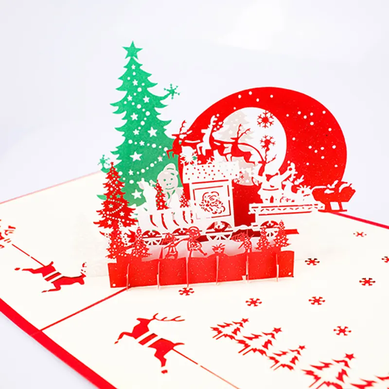 Custom logo cute paper 3d handmade greeting card Christmas pop-up greeting card with Santa Claus and elk sleigh