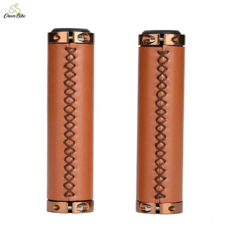 Vintage Cowhide Grip Cover Lockable Bike Handlebar Grips Non-slip PU Leather Riding Accessories Bicycle Grips