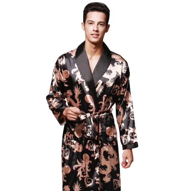 2021 high quality elegant printed big size long sleeve silk robes for men men's robes