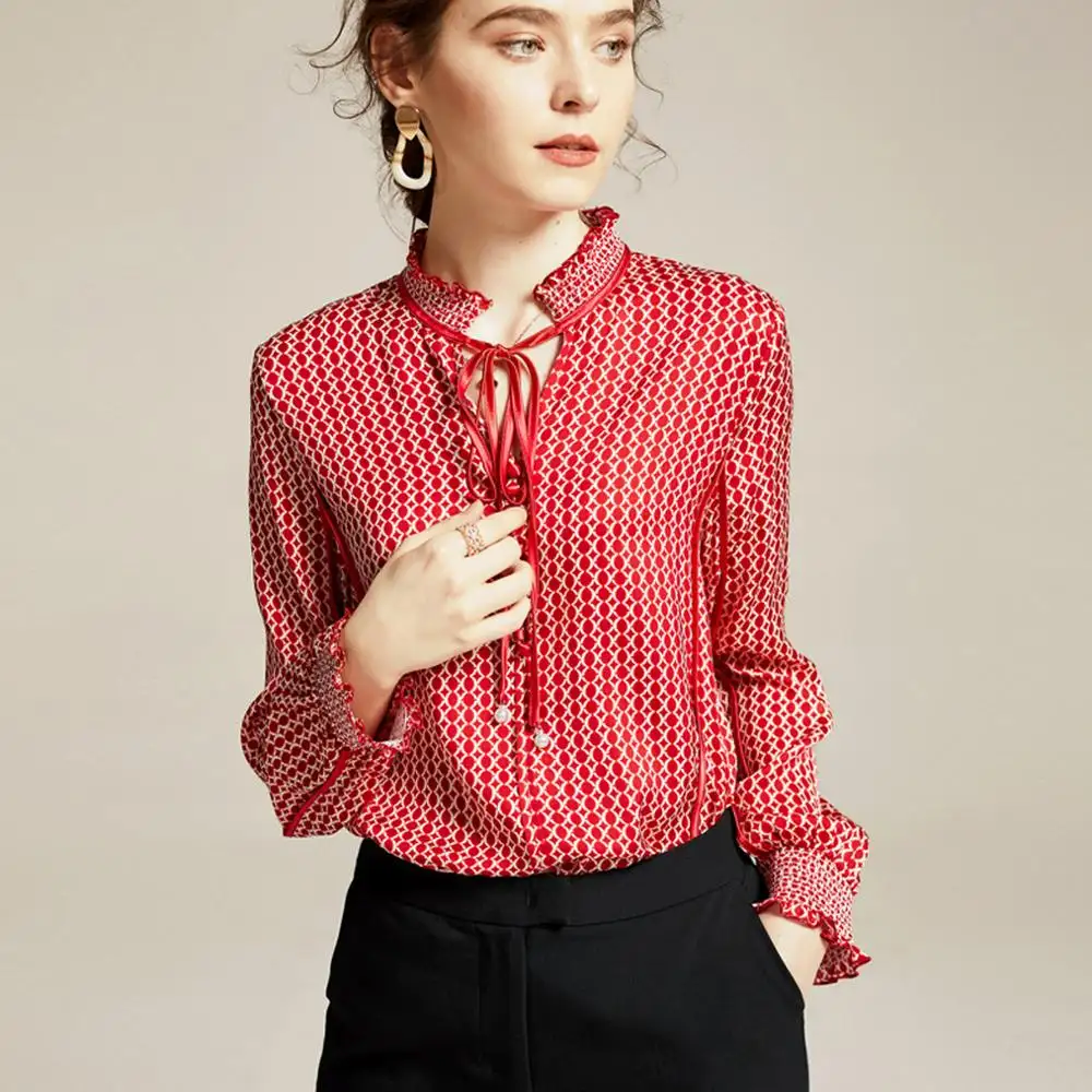 2020 Vintage Pure Silk Bow Collar Long Sleeve Print Shirt Casual Office Blouse For Ladies