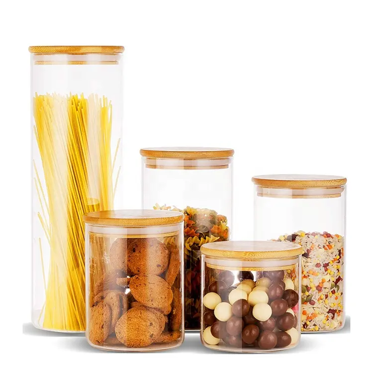 Высококачественный боросиликатный контейнер для хранения пищевых продуктов, герметичный стеклянный кувшин с бамбуковой крышкой