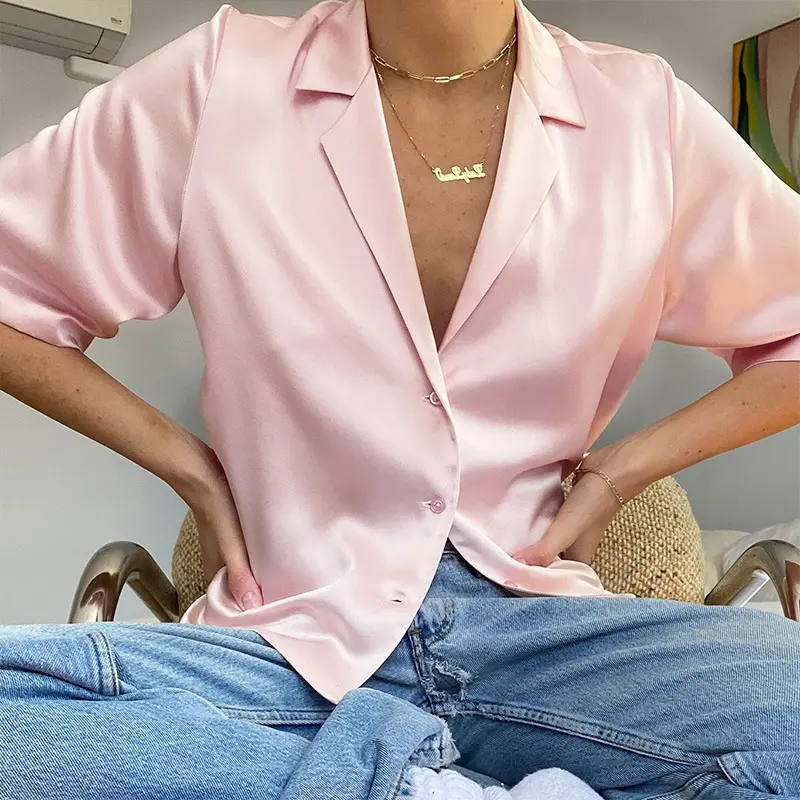 Женская атласная блузка с длинным рукавом, однотонная модная повседневная шелковая блузка, лето-осень 2022