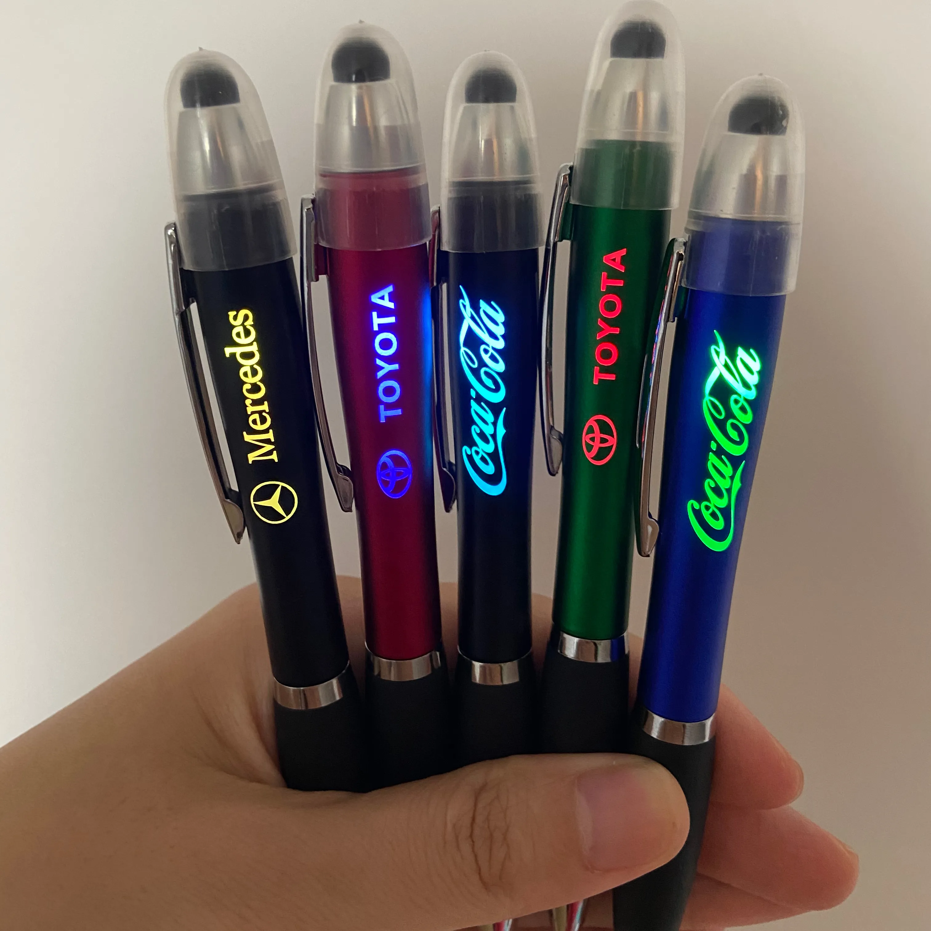 new 3 in 1 custom logo gift ballpoint led glow mobile touch pen stylus promotional pen light ballpoint pens with logo